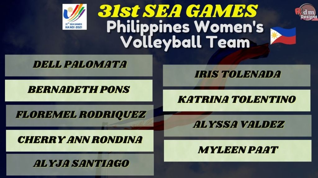 31st Sea Games Philippines Women's Volleyball Team Sea Games 2022 
DELL PALOMATA 
BERNADETH PONS 
FLOREMEL RODRIQUEZ 
CHERRY ANN RONDINA 
ALYJA SANTIAGO 
IRIS TOLENADA 
KATRINA TOLENTINO 
ALYSSA VALDEZ 
MYLEEN PAAT
